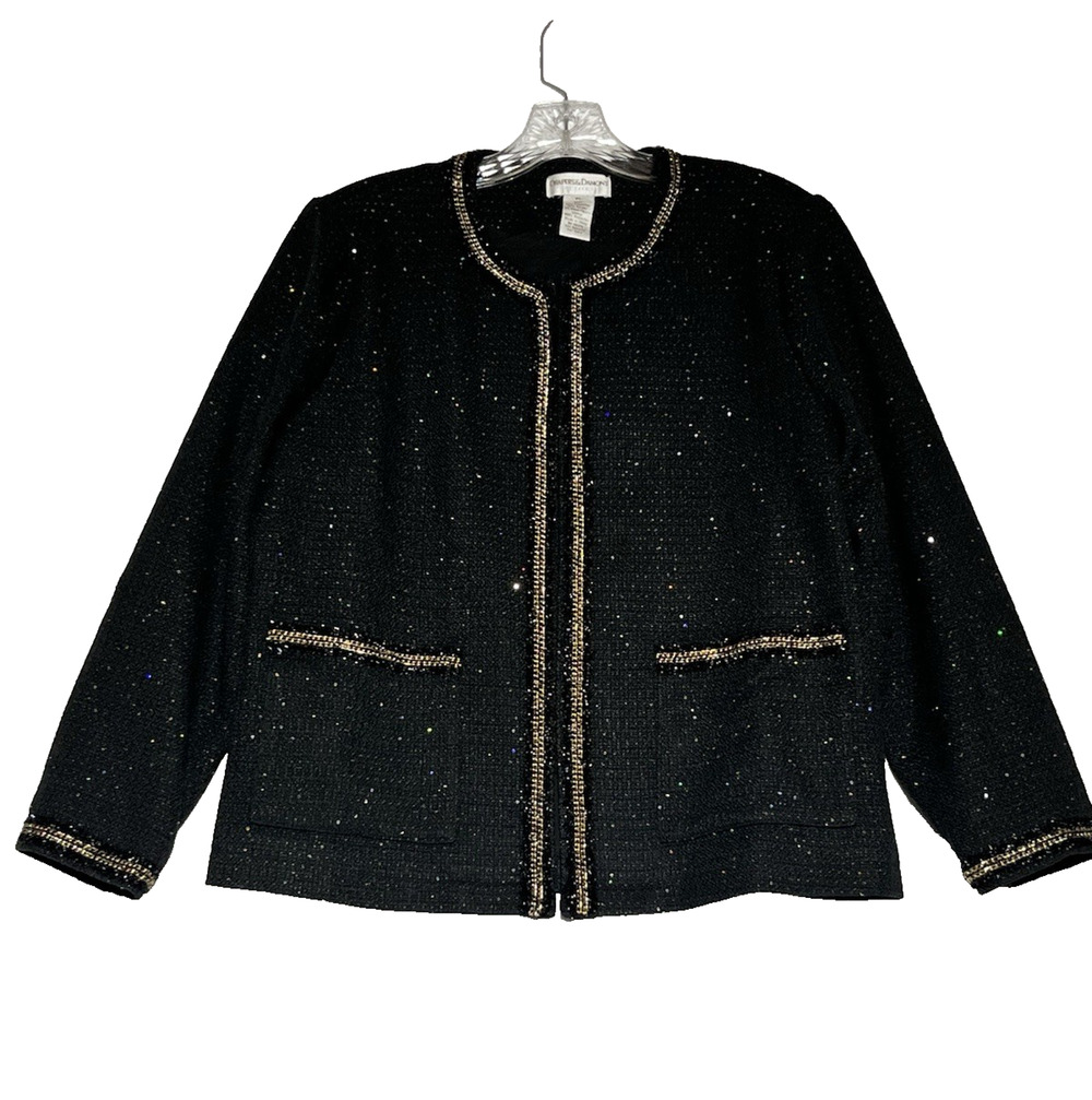 Drapers & Damons Tweed Black Metallic Blazer Jacket Womens L Petite Gold Piping